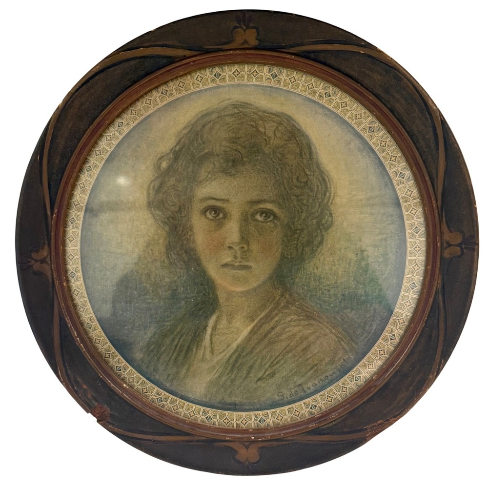 Vintage Print of Christ Child by Side Ivanowski Round Frame Religious Portrait
